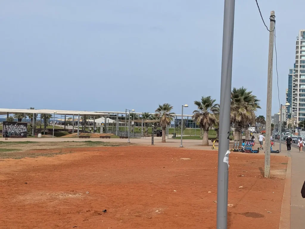 Open field and shade structures in Charles Clore Park