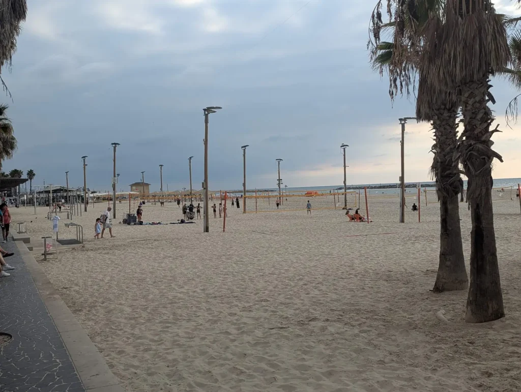 Gordon Beach sand with lamp posts and palm trees
