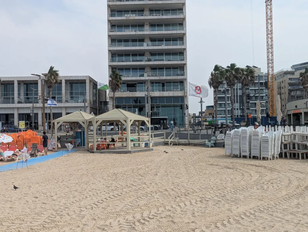Accessible mat and shade huts at Jerusalem Beach