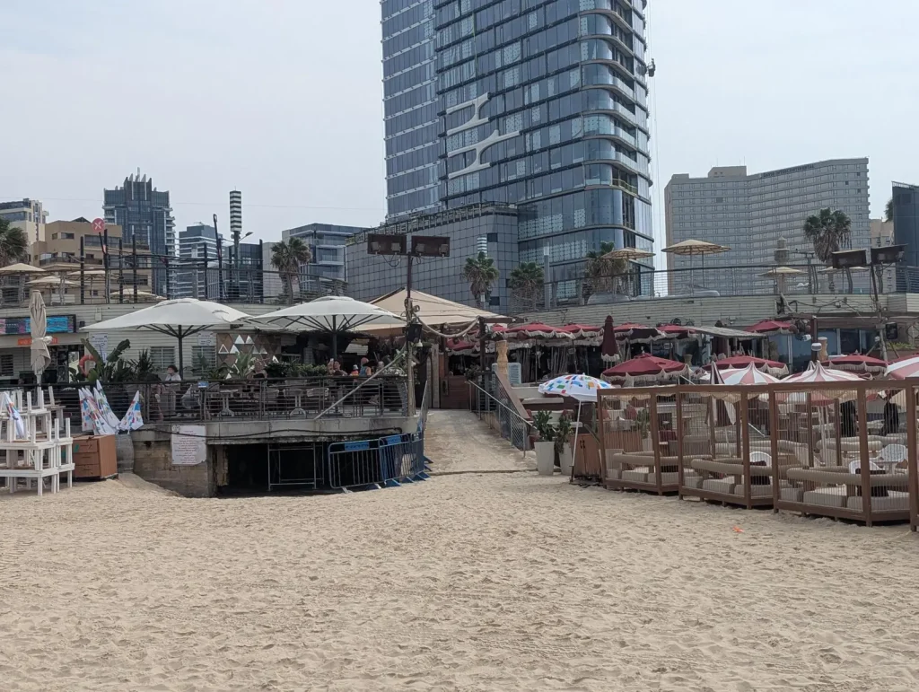Beach restaurant and cabanas on the sand at Jerusalem Beach
