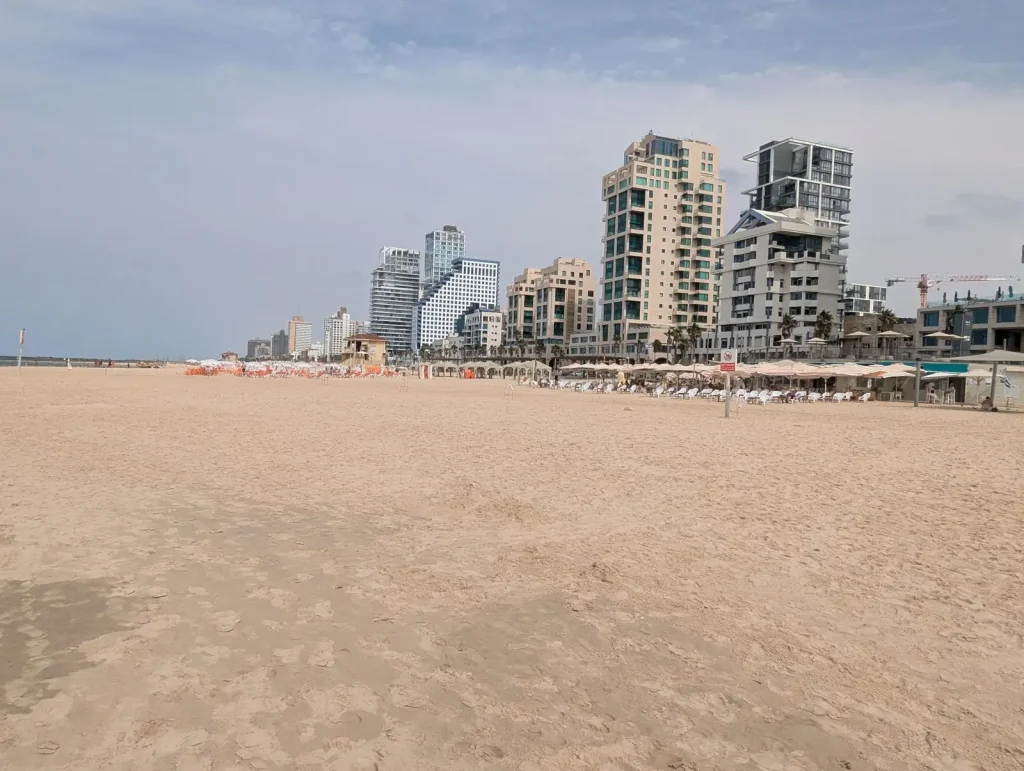 Jerusalem Beach sand looking north toward the hotel towers