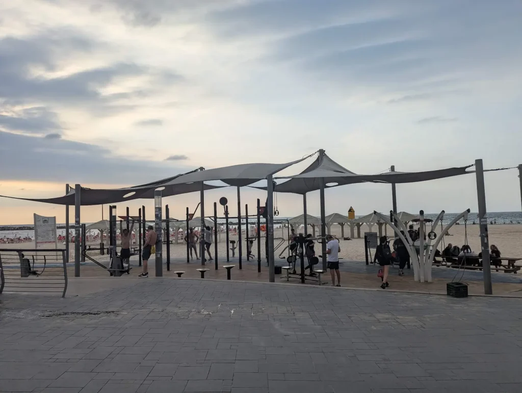 Outdoor fitness gym under shade sails at Gordon Beach