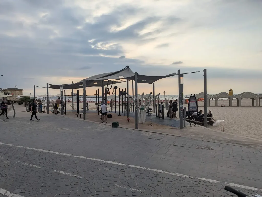 Outdoor workout equipment beside the Gordon Beach promenade