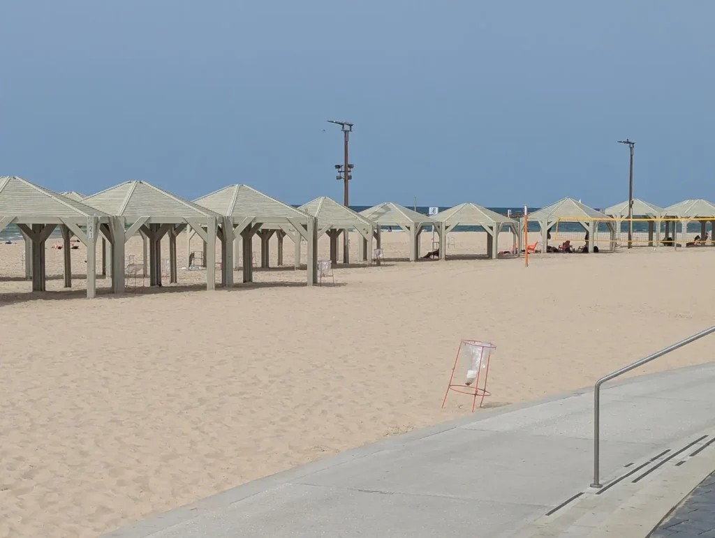 Row of wooden shade huts on the sand